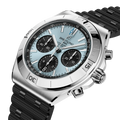 Breitling Chronomat B01 Chronograph 42 reference PB0158101C1S1 with Ice blue dial, Stainless steel & platinum case, rubber strap, three-quarter view