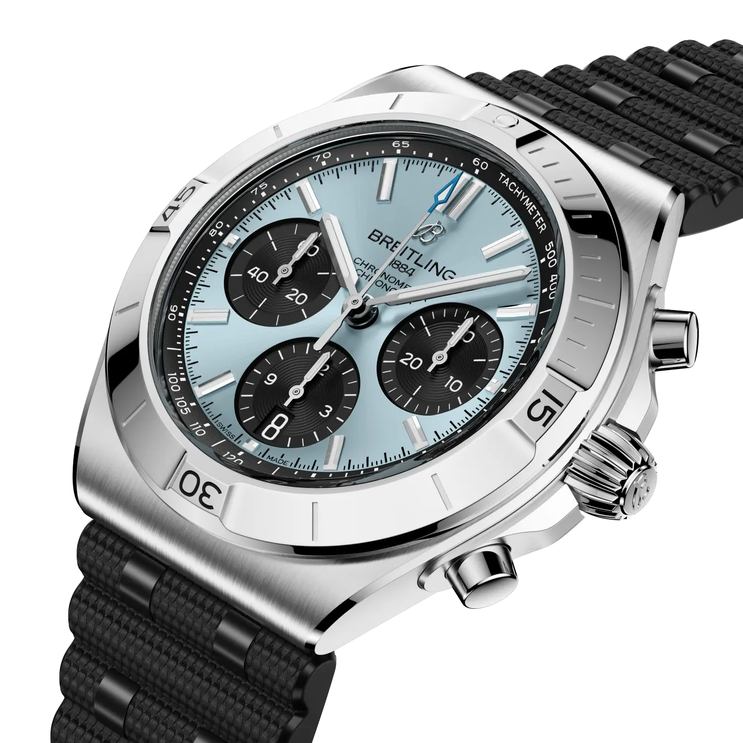 Breitling Chronomat B01 Chronograph 42 reference PB0158101C1S1 with Ice blue dial, Stainless steel & platinum case, rubber strap, three-quarter view