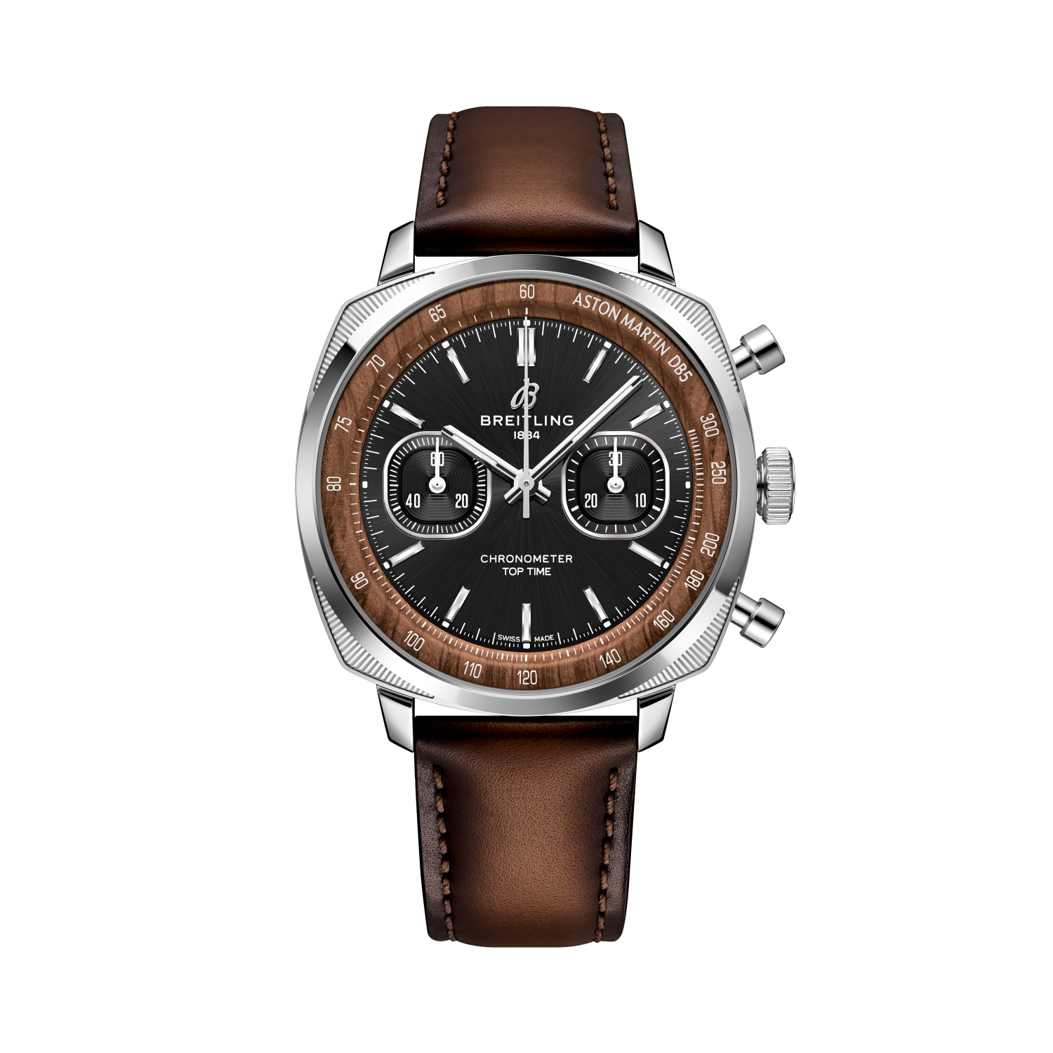 Breitling Top Time B01 Chronograph 41 Tribute to Aston Martin DB5 reference PB0178121B1X1 with Black dial, Stainless steel & platinum case, calfskin strap, front view