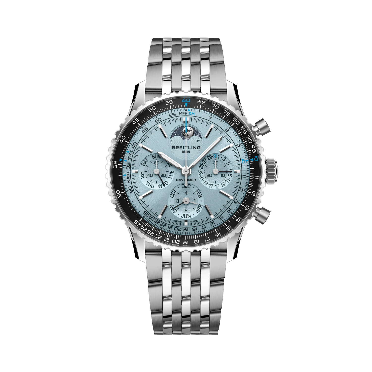 Breitling Navitimer B19 Chronograph 43 Perpetual Calendar reference PB1920251C1A1 with Ice blue dial, Stainless steel & platinum case, bracelet, front view