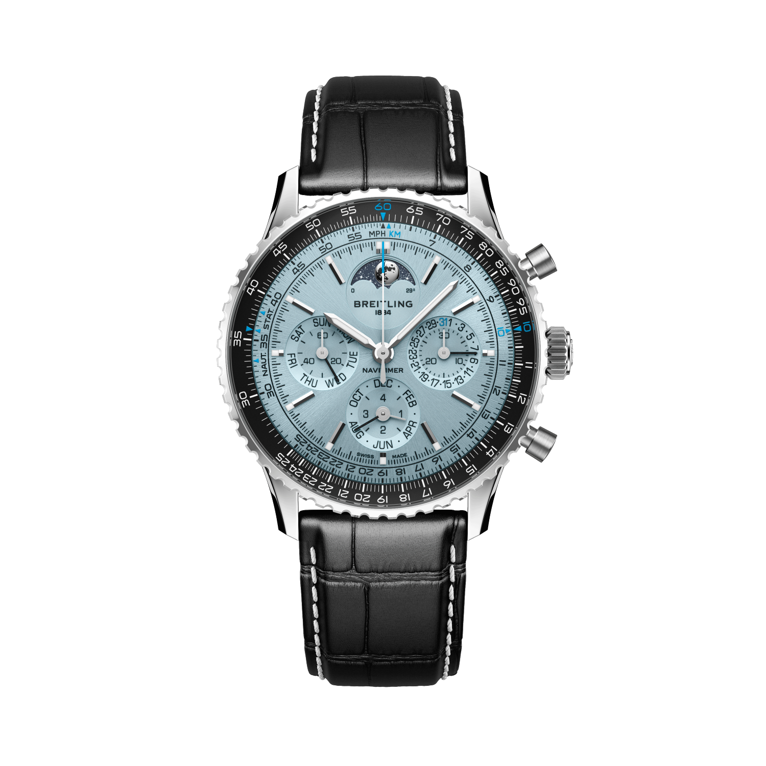 Breitling Navitimer B19 Chronograph 43 Perpetual Calendar reference PB1920251C1P1 with Ice blue dial, Stainless steel & platinum case, alligator strap, front view