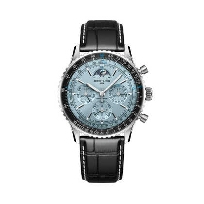 Breitling Navitimer B19 Chronograph 43 Perpetual Calendar reference PB1920251C1P1 with Ice blue dial, Stainless steel & platinum case, alligator strap, front view
