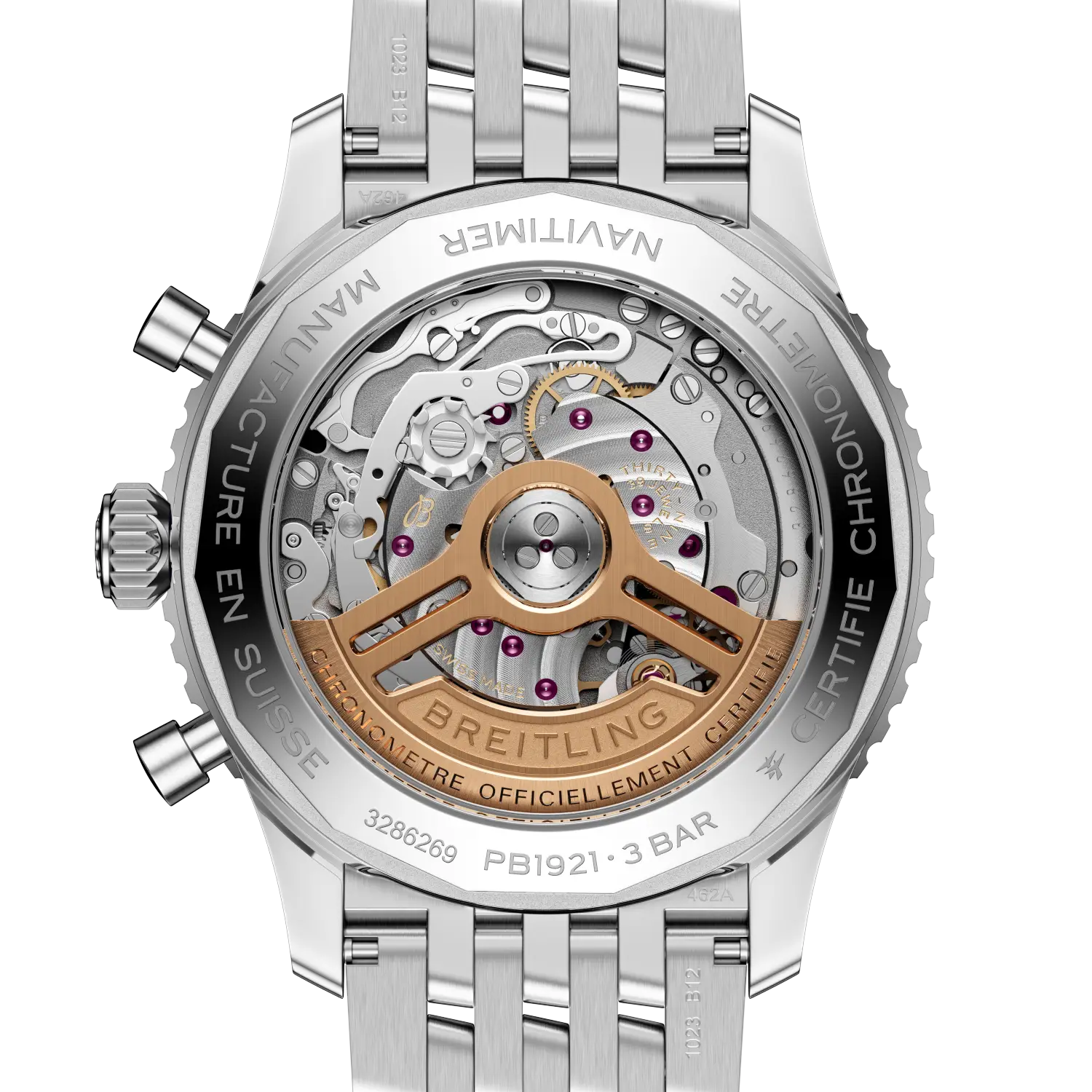 Caseback view of Breitling Navitimer B19 Chronograph 43 Perpetual Calendar reference PB1921251B1A1