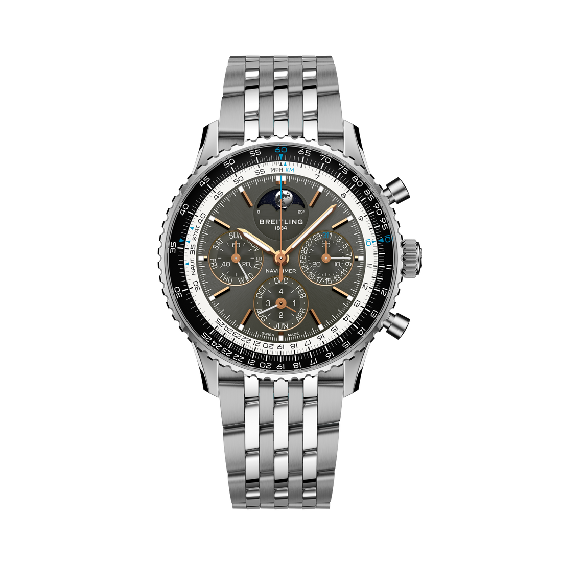 Breitling Navitimer B19 Chronograph 43 Perpetual Calendar reference PB1921251B1A1 with Anthracite dial, Stainless steel & platinum case, bracelet, front view