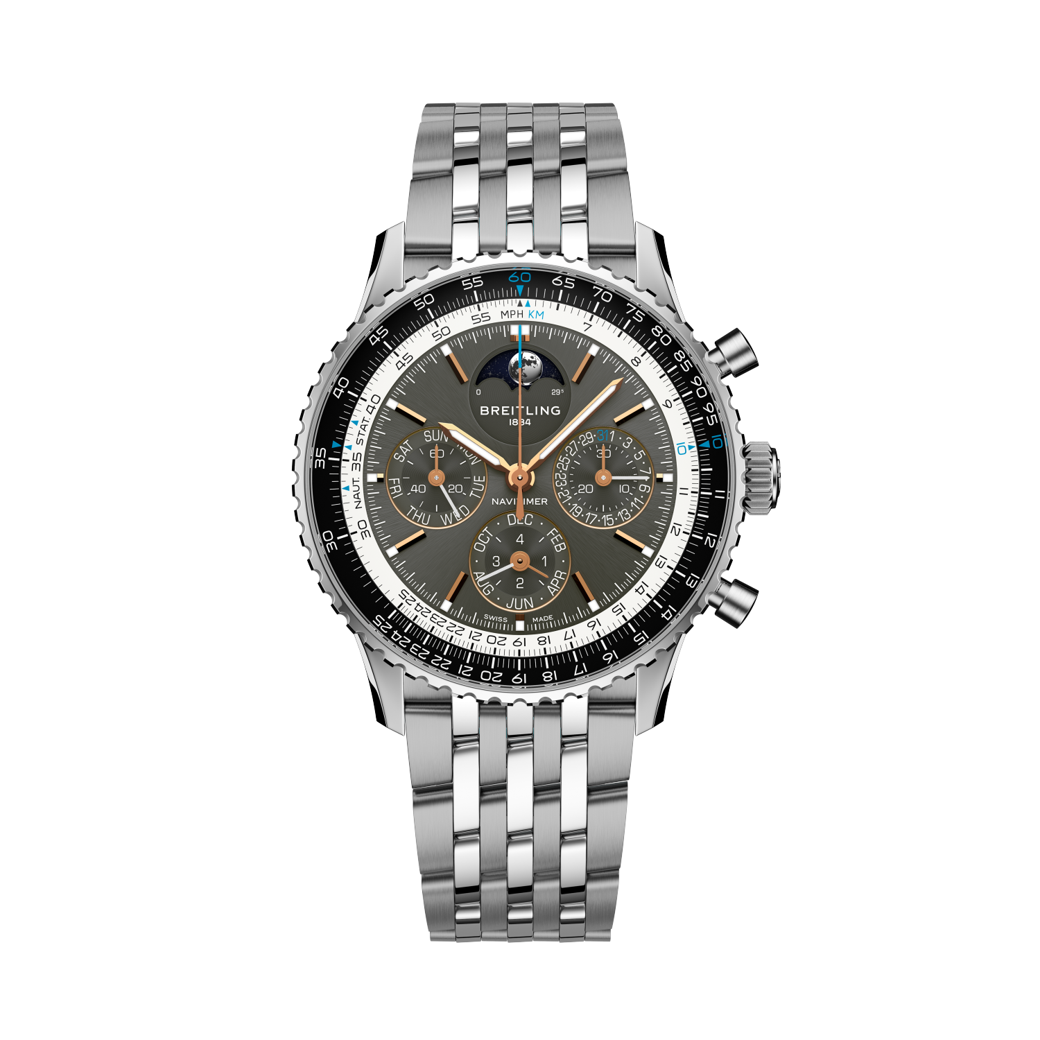 Breitling Navitimer B19 Chronograph 43 Perpetual Calendar reference PB1921251B1A1 with Anthracite dial, Stainless steel & platinum case, bracelet, front view