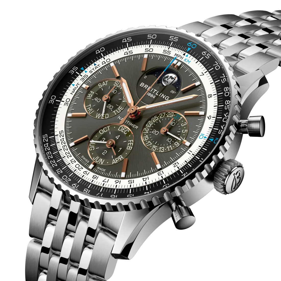 Breitling Navitimer B19 Chronograph 43 Perpetual Calendar reference PB1921251B1A1 with Anthracite dial, Stainless steel & platinum case, bracelet, three-quarter view