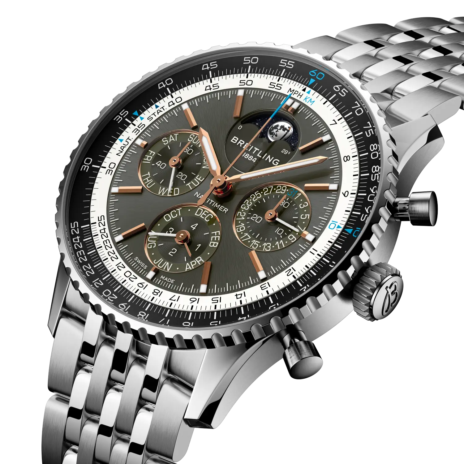 Breitling Navitimer B19 Chronograph 43 Perpetual Calendar reference PB1921251B1A1 with Anthracite dial, Stainless steel & platinum case, bracelet, three-quarter view