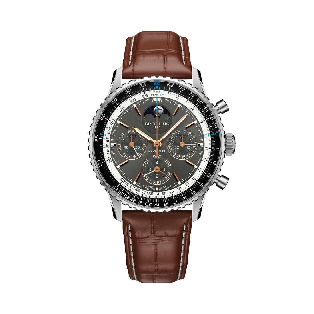 Breitling Navitimer B19 Chronograph 43 Perpetual Calendar reference PB1921251B1P1 with Anthracite dial, Stainless steel & platinum case, alligator strap, front view