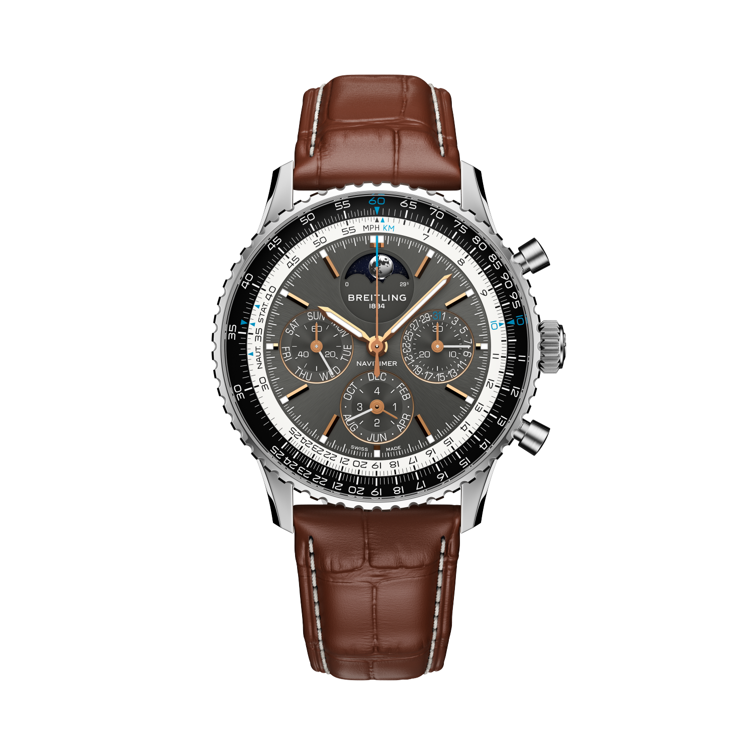 Breitling Navitimer B19 Chronograph 43 Perpetual Calendar reference PB1921251B1P1 with Anthracite dial, Stainless steel & platinum case, alligator strap, front view