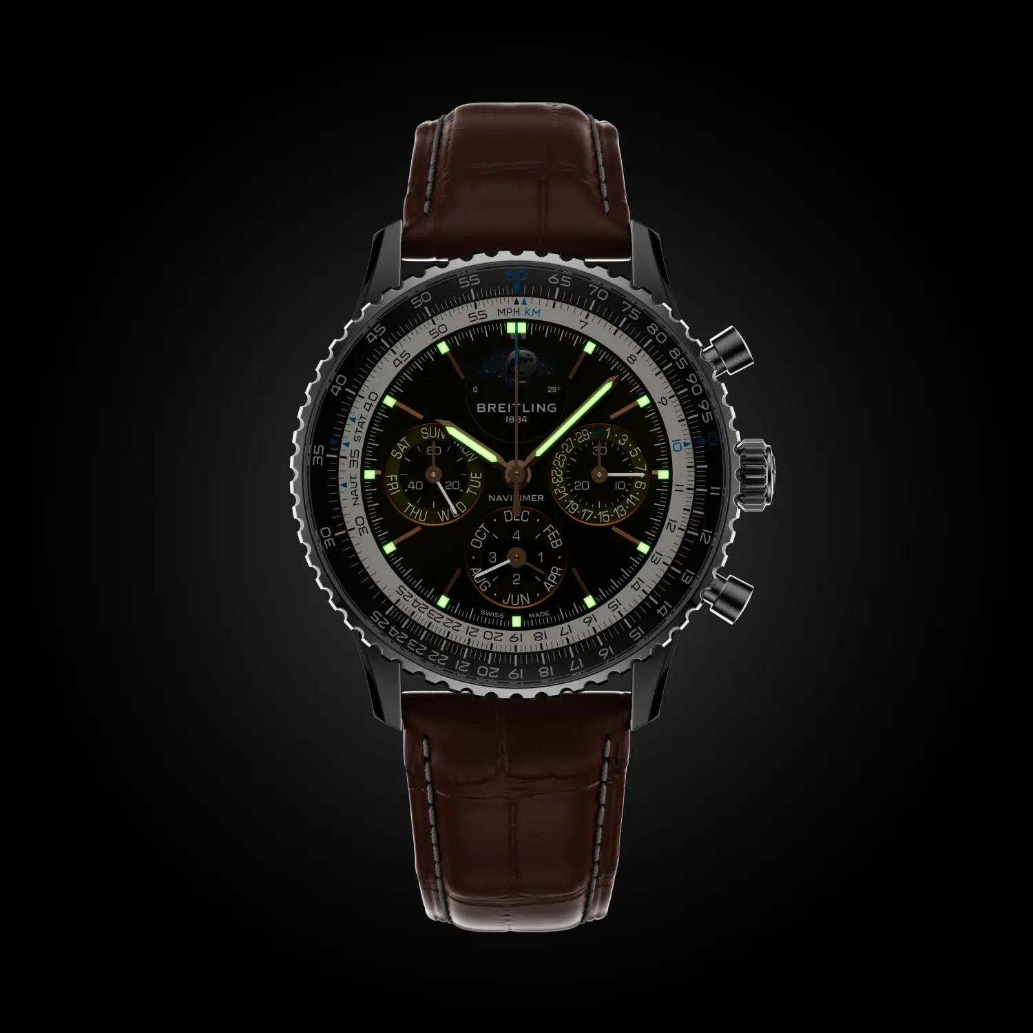 Breitling Navitimer B19 Chronograph 43 Perpetual Calendar reference PB1921251B1P1 with Anthracite dial, Stainless steel & platinum case, alligator strap, illuminated dial view