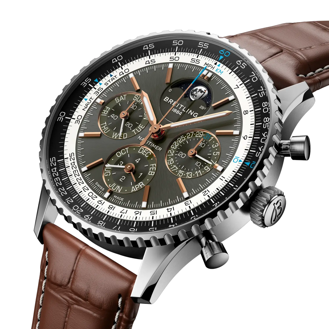 Breitling Navitimer B19 Chronograph 43 Perpetual Calendar reference PB1921251B1P1 with Anthracite dial, Stainless steel & platinum case, alligator strap, three-quarter view