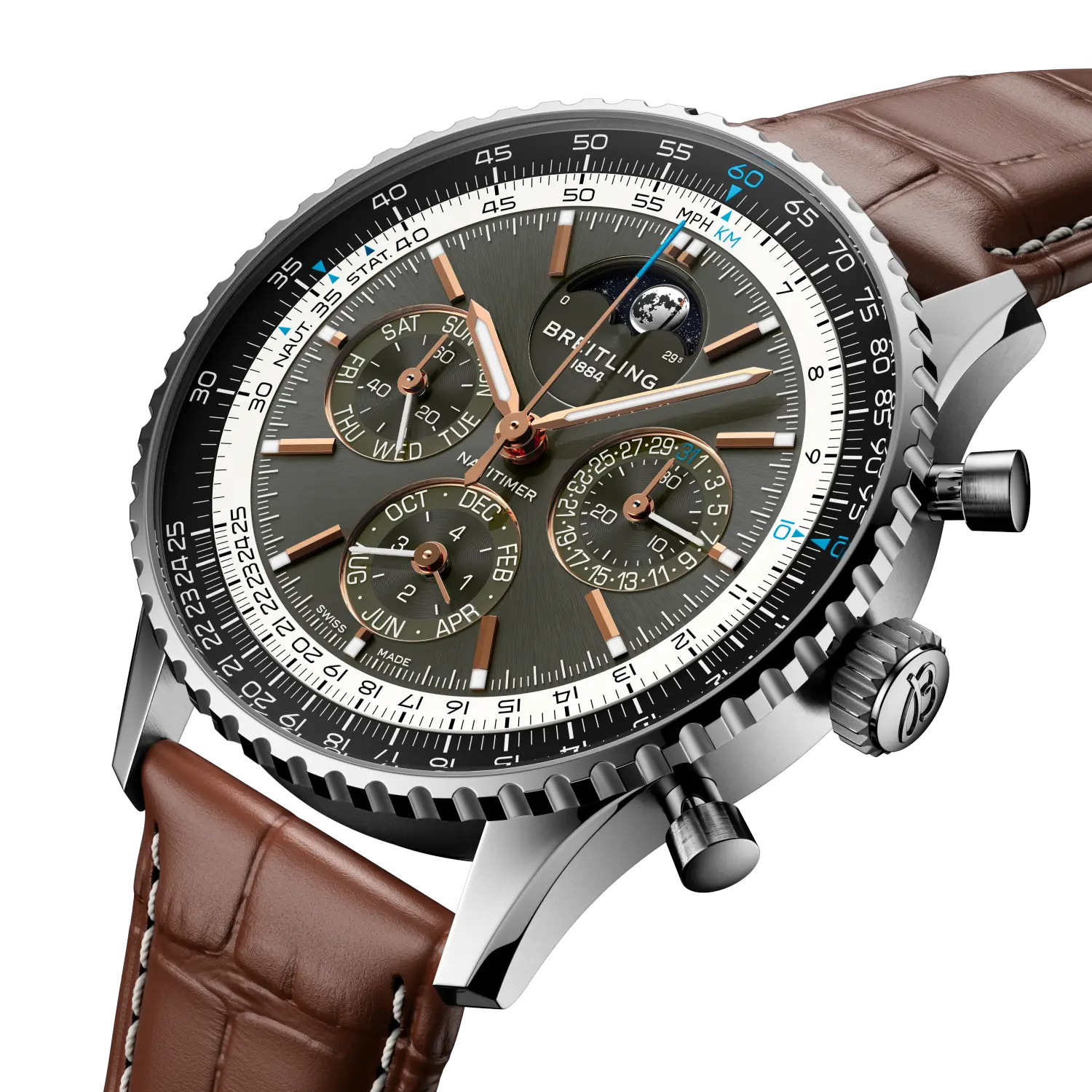 Breitling Navitimer B19 Chronograph 43 Perpetual Calendar reference PB1921251B1P1 with Anthracite dial, Stainless steel & platinum case, alligator strap, three-quarter view