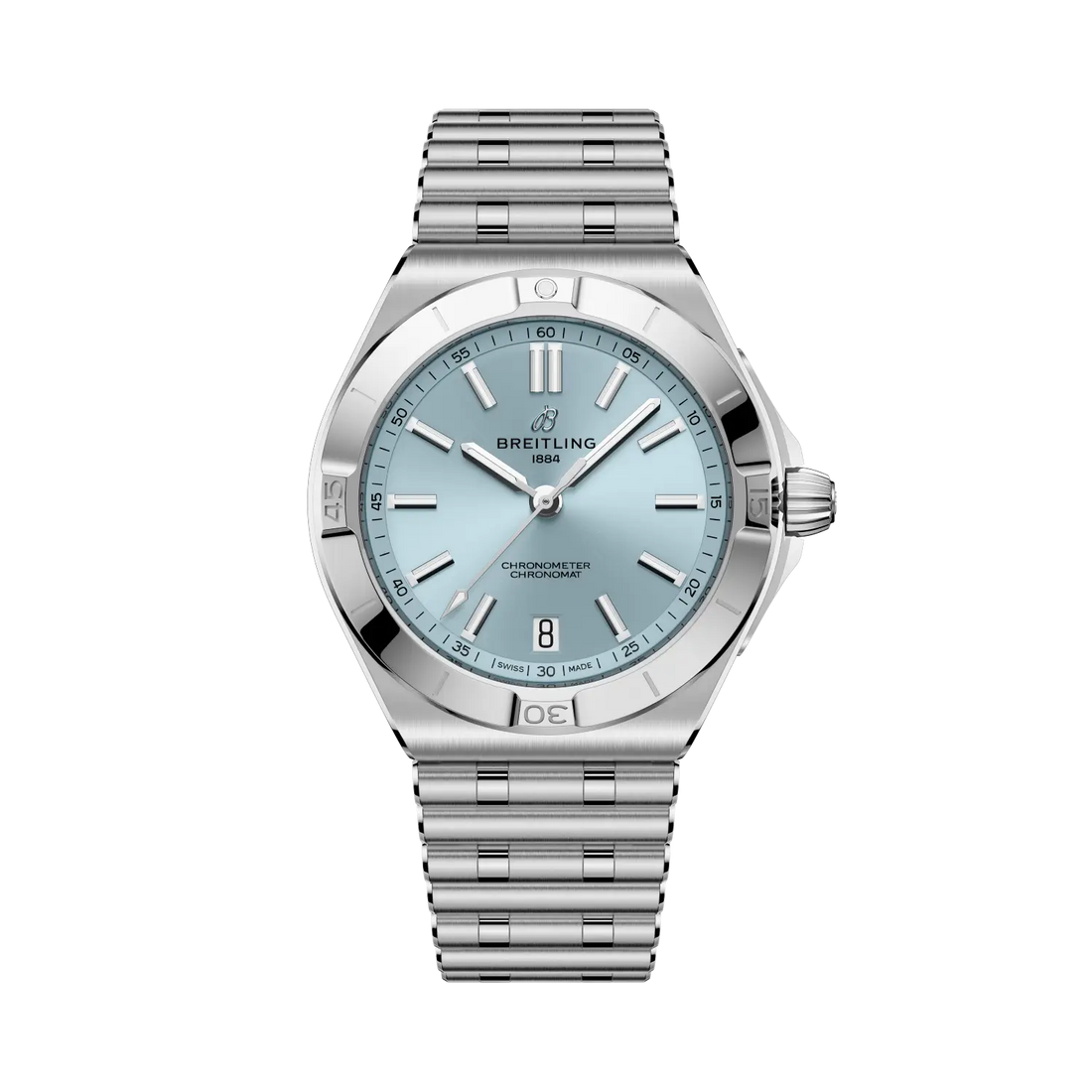 Breitling Chronomat B31 Automatic 40 reference PB3114101C1A1 with Ice blue dial, Stainless steel & platinum case, bracelet, front view