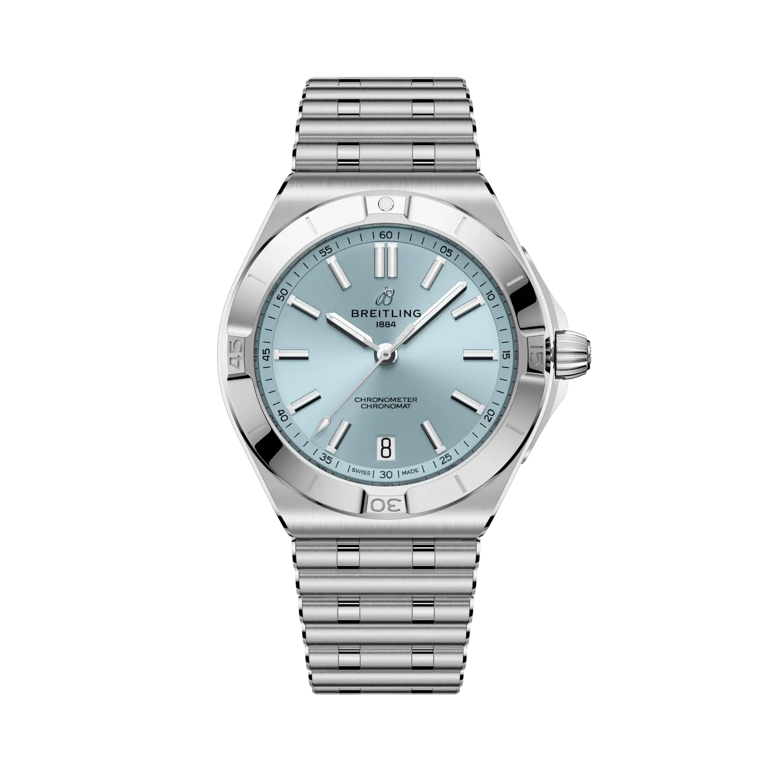 Breitling Chronomat B31 Automatic 40 reference PB3114101C1A1 with Ice blue dial, Stainless steel & platinum case, bracelet, front view