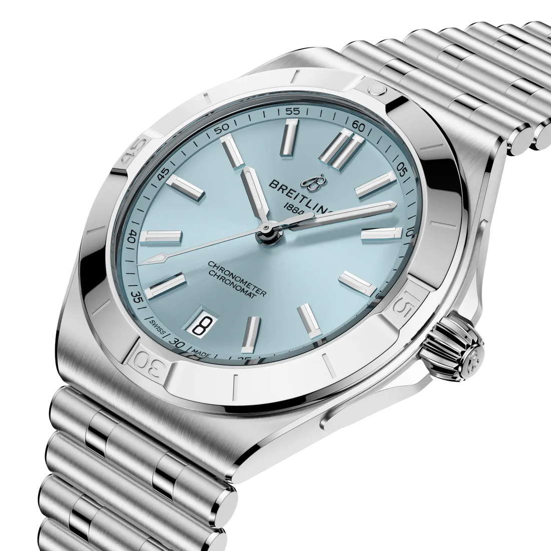 Breitling Chronomat B31 Automatic 40 reference PB3114101C1A1 with Ice blue dial, Stainless steel & platinum case, bracelet, front view