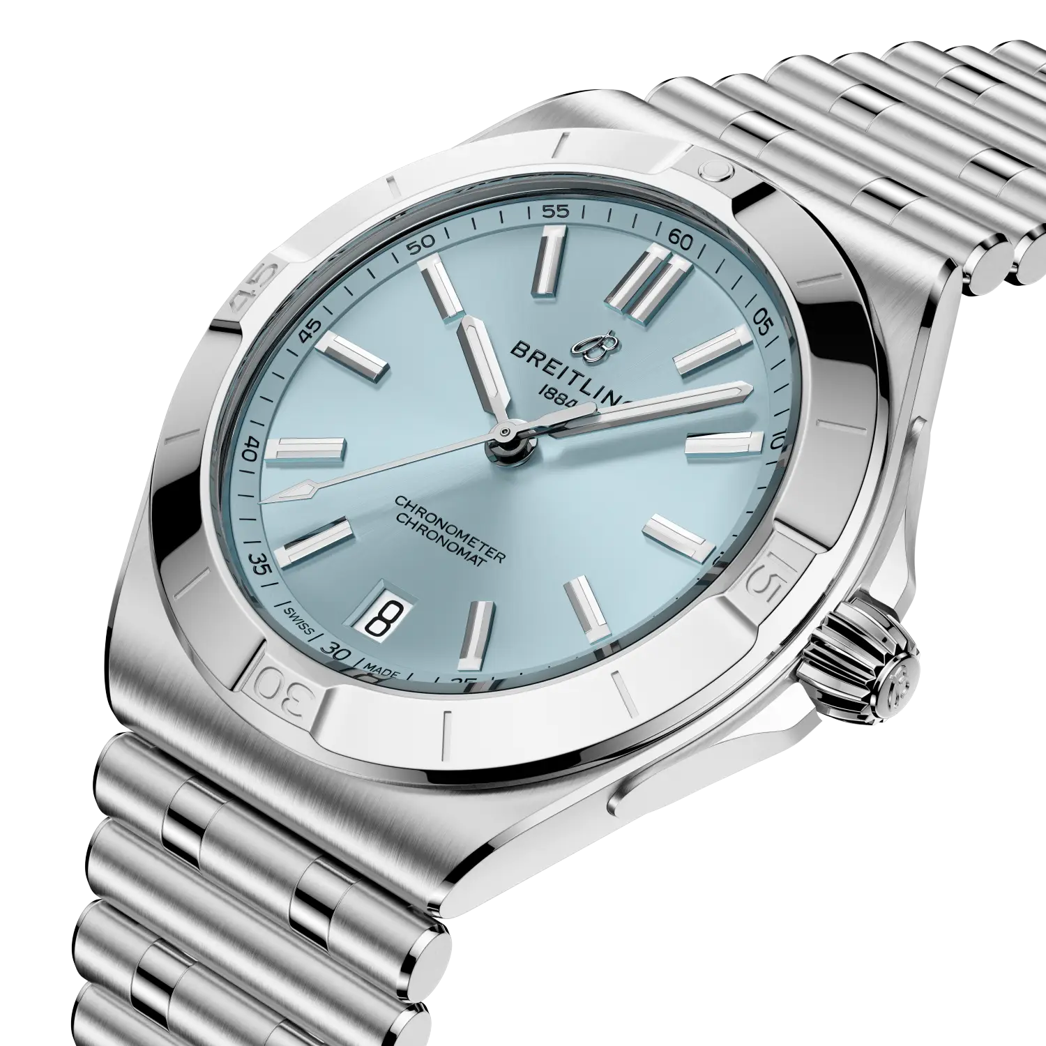 Breitling Chronomat B31 Automatic 40 reference PB3114101C1A1 with Ice blue dial, Stainless steel & platinum case, bracelet, three-quarter view