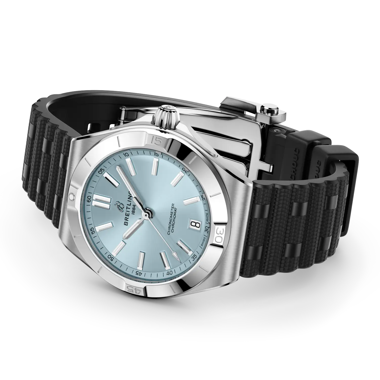 Breitling Chronomat B31 Automatic 40 reference PB3114101C1S1 with Ice blue dial, Stainless steel & platinum case, rubber strap, bracelet or strap configuration view