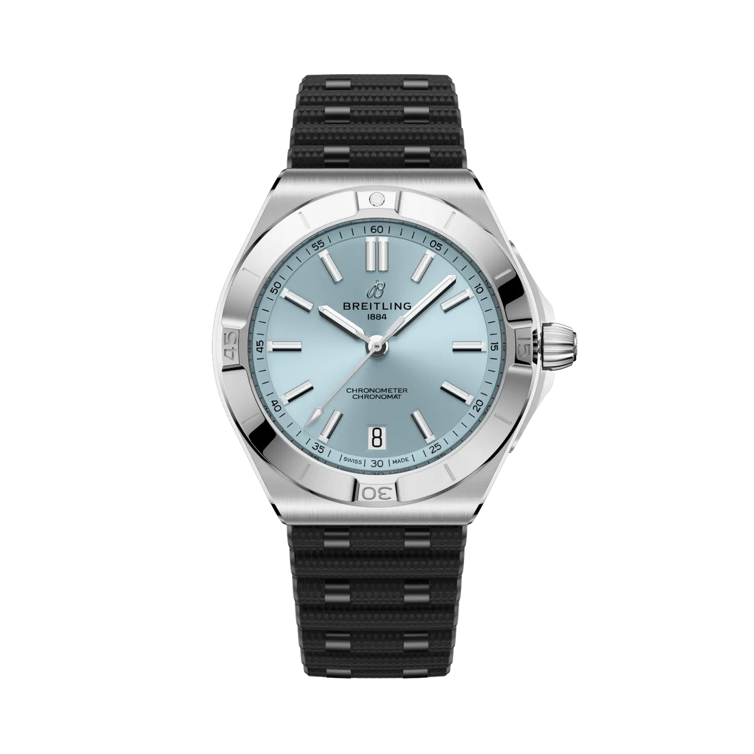 Breitling Chronomat B31 Automatic 40 reference PB3114101C1S1 with Ice blue dial, Stainless steel & platinum case, rubber strap, front view