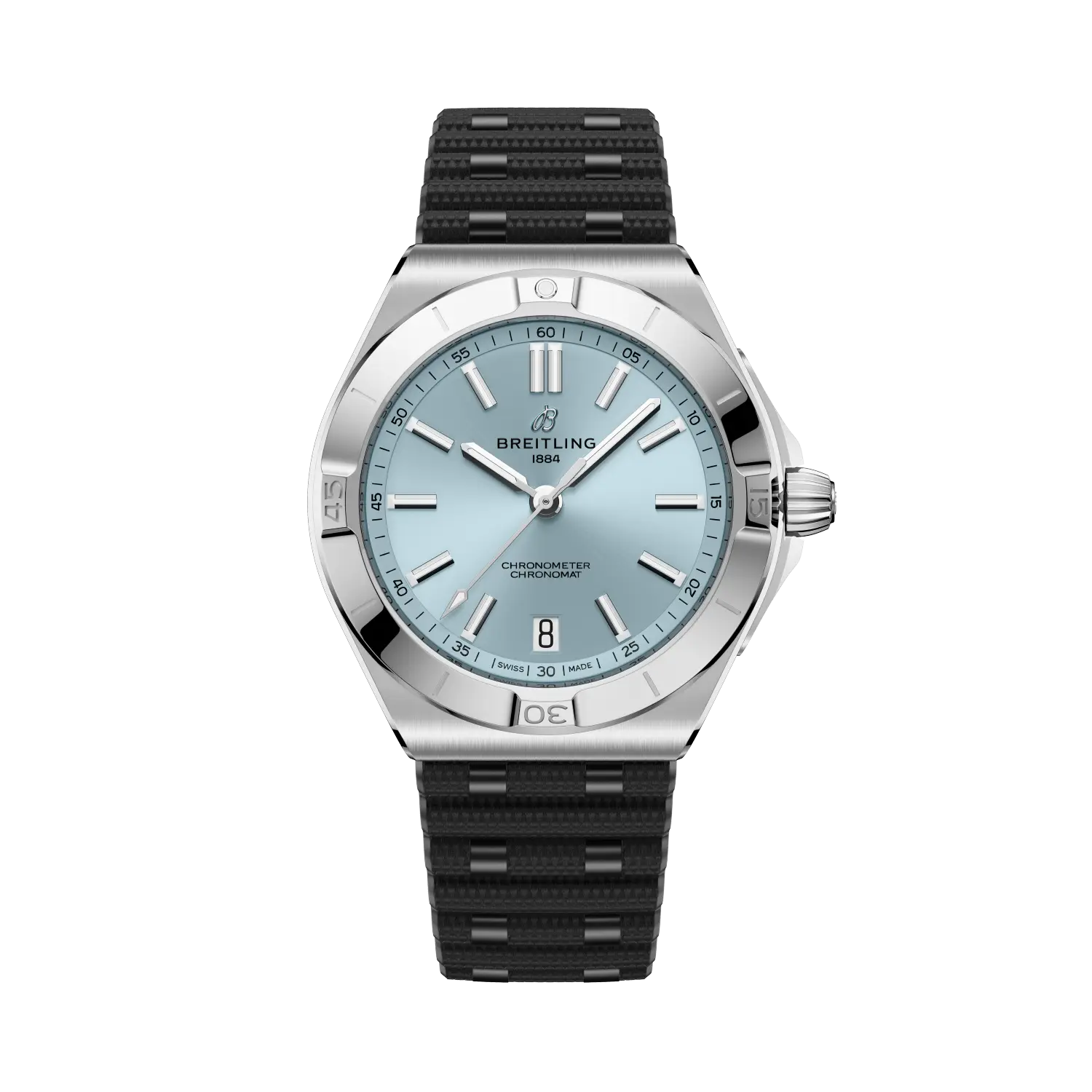 Breitling Chronomat B31 Automatic 40 reference PB3114101C1S1 with Ice blue dial, Stainless steel & platinum case, rubber strap, front view