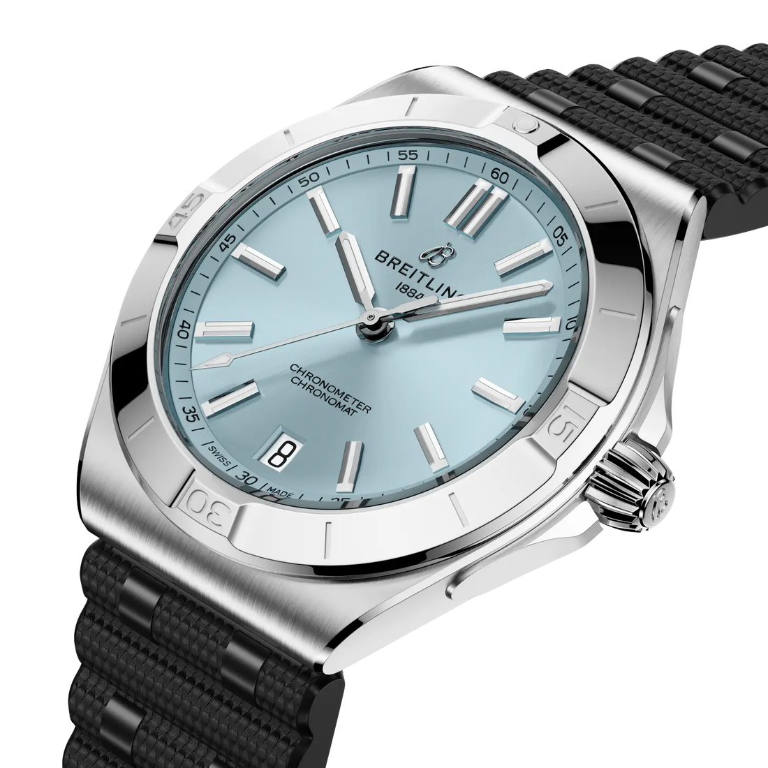 Breitling Chronomat B31 Automatic 40 reference PB3114101C1S1 with Ice blue dial, Stainless steel & platinum case, rubber strap, front view
