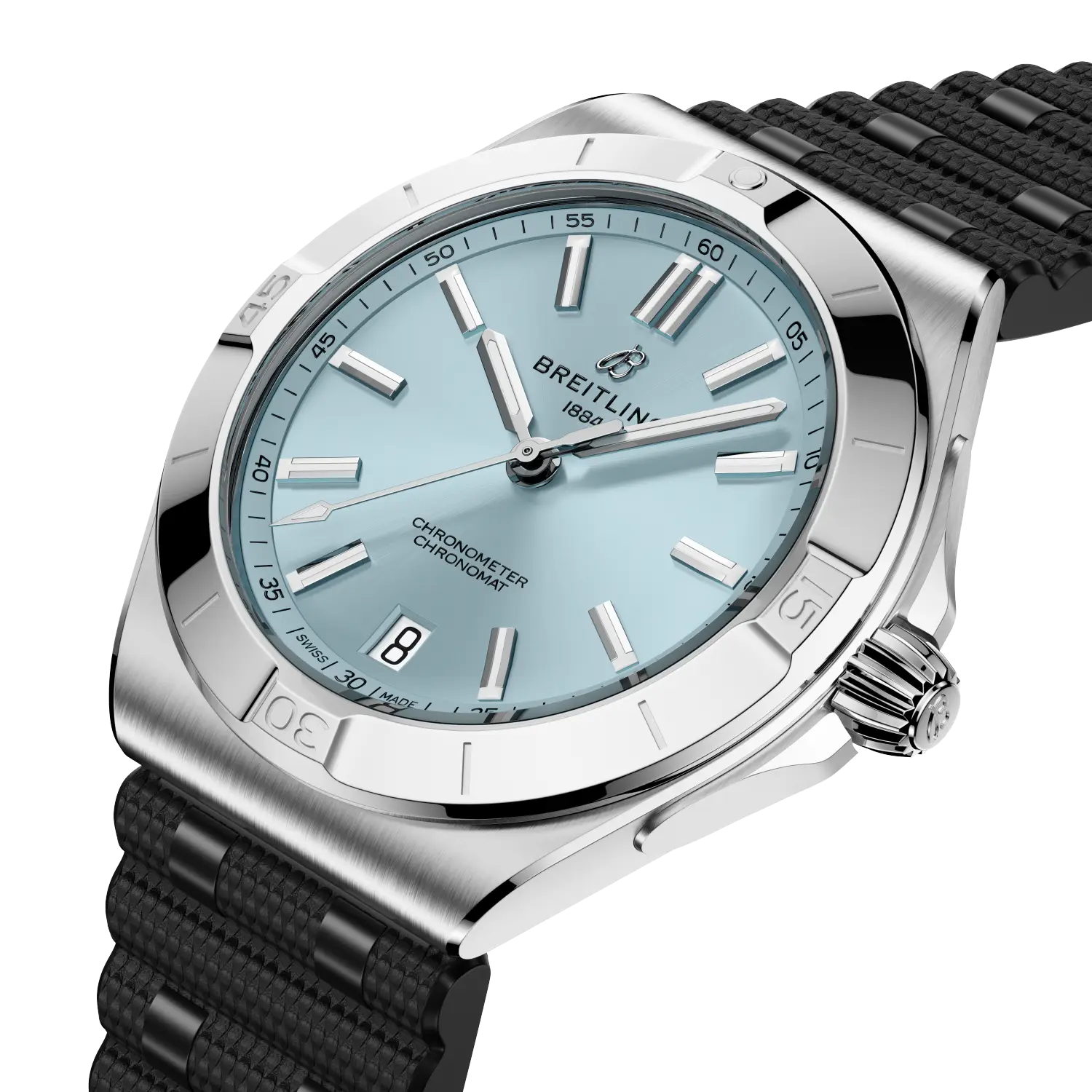 Breitling Chronomat B31 Automatic 40 reference PB3114101C1S1 with Ice blue dial, Stainless steel & platinum case, rubber strap, three-quarter view