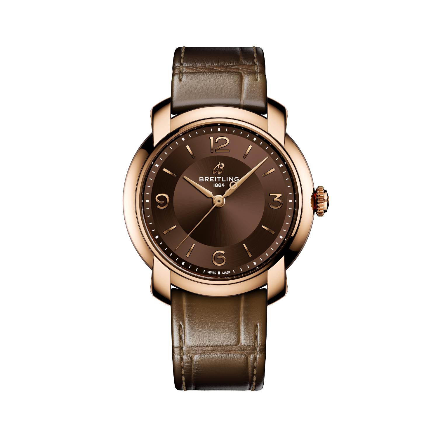 Breitling Lady Premier Automatic 36 reference R10310121Q1P1 with Brown dial, 18k red gold case, alligator strap, front view