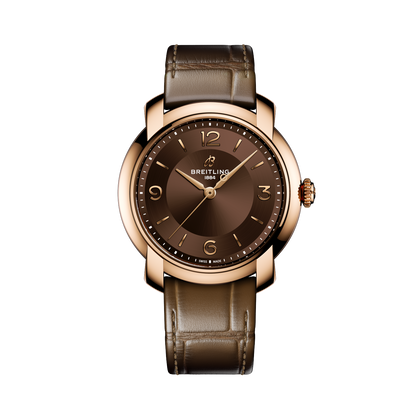 Breitling Lady Premier Automatic 36 reference R10310121Q1P1 with Brown dial, 18k red gold case, alligator strap, front view