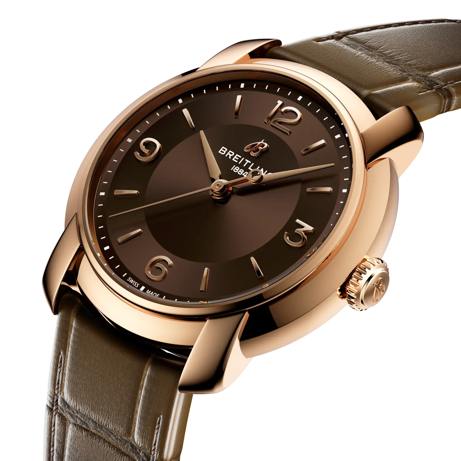 Breitling Lady Premier Automatic 36 reference R10310121Q1P1 with Brown dial, 18k red gold case, alligator strap, three-quarter view