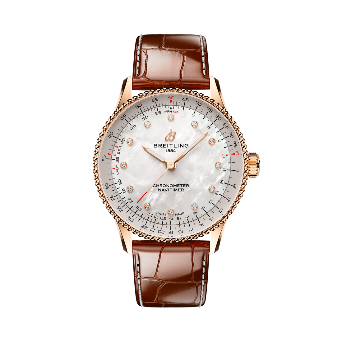 Breitling Navitimer Automatic 36 reference R17327211A1P1 with Mother-of-pearl dial, Small scale traceable 18K red gold case, alligator strap, front view