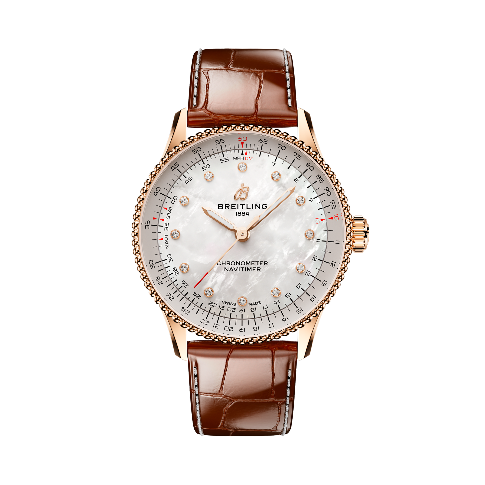 Breitling Navitimer Automatic 36 reference R17327211A1P1 with Mother-of-pearl dial, Small scale traceable 18K red gold case, alligator strap, front view