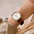 Breitling Navitimer Automatic 36 reference R17327211A1P1 with Mother-of-pearl dial, Small scale traceable 18K red gold case, alligator strap, on-wrist view