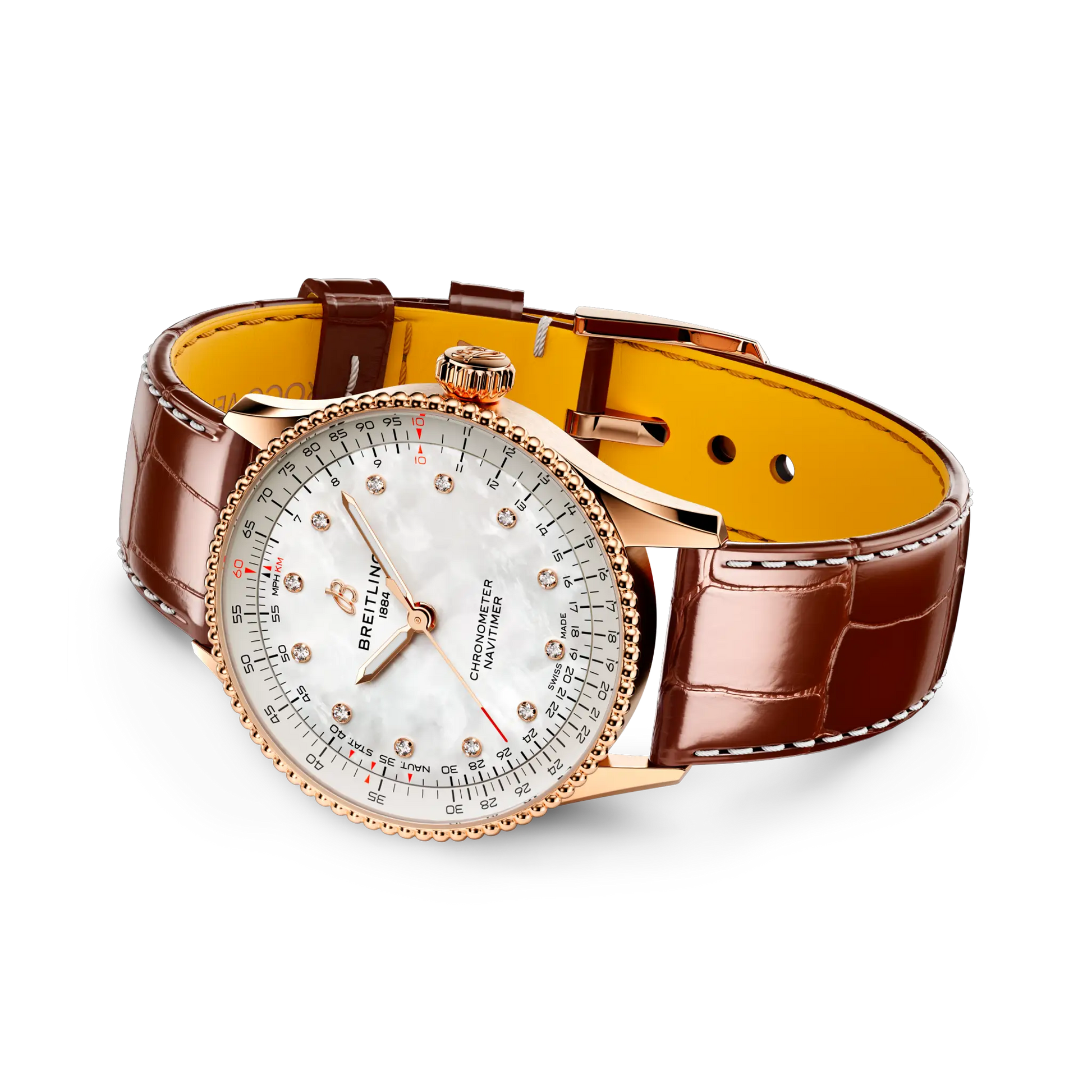 Breitling Navitimer Automatic 36 reference R17327211A1P1 with Mother-of-pearl dial, Small scale traceable 18K red gold case, alligator strap, bracelet or strap configuration view