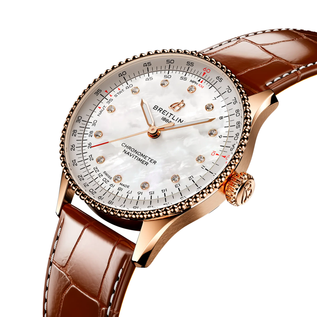 Breitling Navitimer Automatic 36 reference R17327211A1P1 with Mother-of-pearl dial, Small scale traceable 18K red gold case, alligator strap, three-quarter view