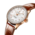 Breitling Navitimer Automatic 36 reference R17327211A1P1 with Mother-of-pearl dial, Small scale traceable 18K red gold case, alligator strap, three-quarter view