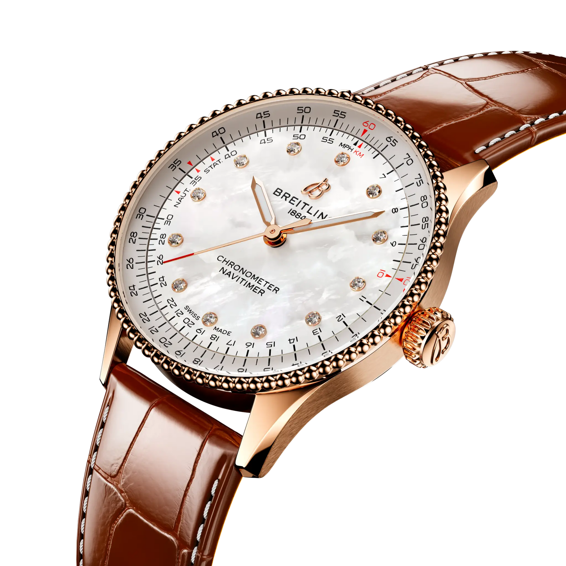 Breitling Navitimer Automatic 36 reference R17327211A1P1 with Mother-of-pearl dial, Small scale traceable 18K red gold case, alligator strap, three-quarter view
