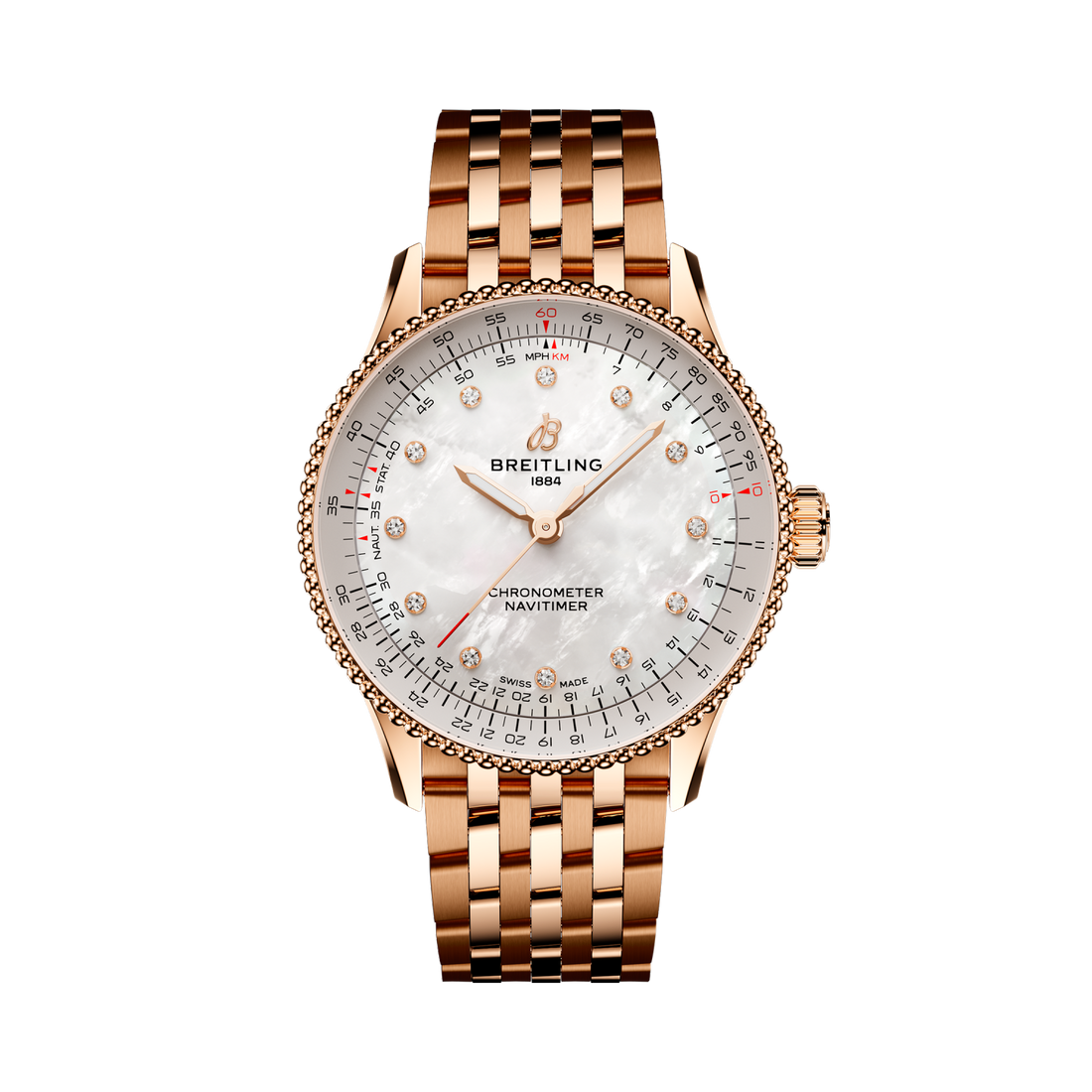Breitling Navitimer Automatic 36 reference R17327211A1R1 with Mother-of-pearl dial, Small scale traceable 18K red gold case, bracelet, front view