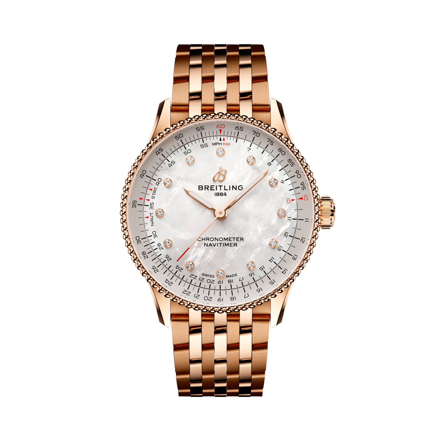 Breitling Navitimer Automatic 36 reference R17327211A1R1 with Mother-of-pearl dial, Small scale traceable 18K red gold case, bracelet, front view