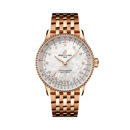 Breitling Navitimer Automatic 36 reference R17327211A1R1 with Mother-of-pearl dial, Small scale traceable 18K red gold case, bracelet, front view