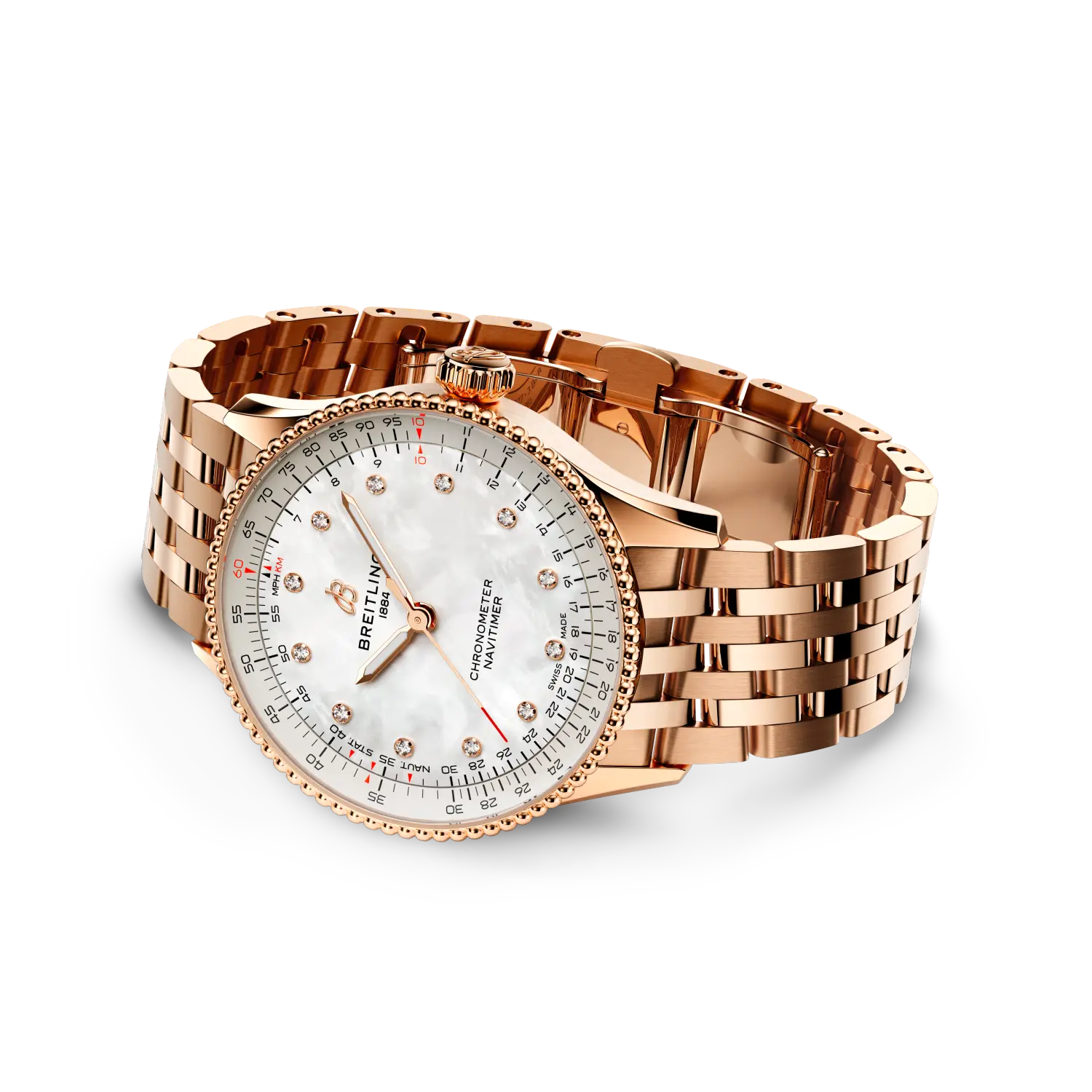 Breitling Navitimer Automatic 36 reference R17327211A1R1 with Mother-of-pearl dial, Small scale traceable 18K red gold case, bracelet, bracelet or strap configuration view