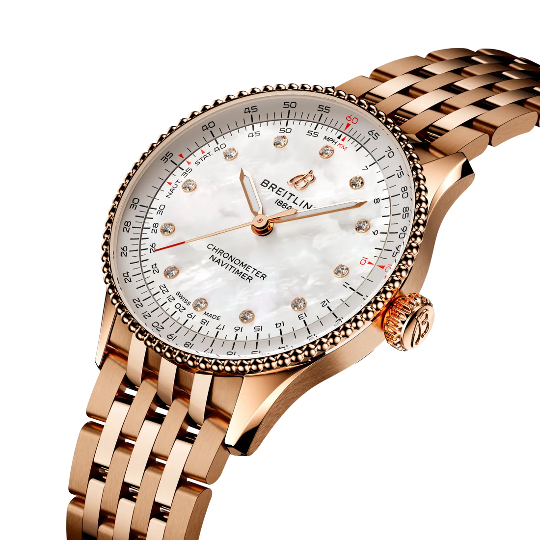 Breitling Navitimer Automatic 36 reference R17327211A1R1 with Mother-of-pearl dial, Small scale traceable 18K red gold case, bracelet, three-quarter view