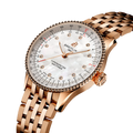 Breitling Navitimer Automatic 36 reference R17327211A1R1 with Mother-of-pearl dial, Small scale traceable 18K red gold case, bracelet, three-quarter view