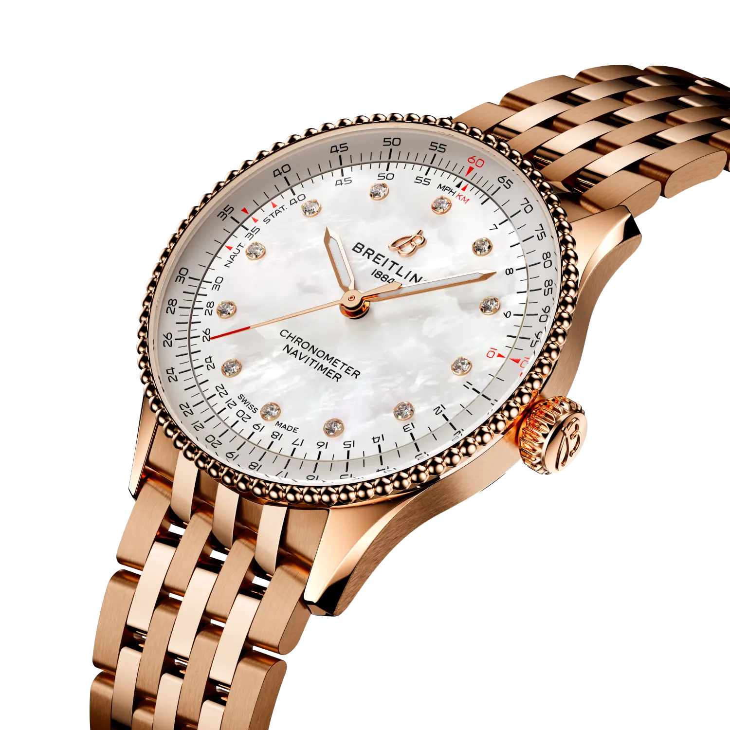 Breitling Navitimer Automatic 36 reference R17327211A1R1 with Mother-of-pearl dial, Small scale traceable 18K red gold case, bracelet, three-quarter view