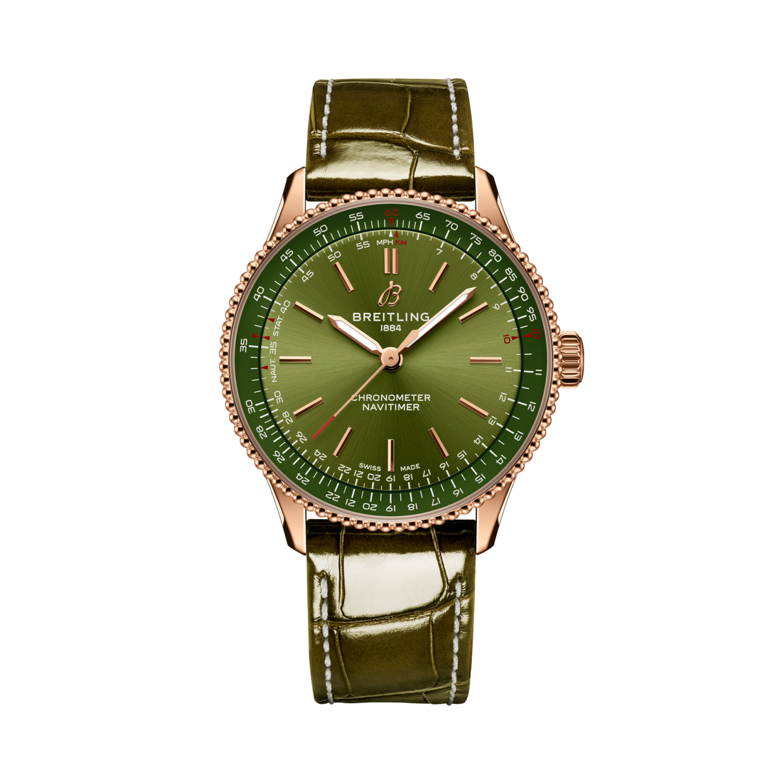 Breitling Navitimer Automatic 36 reference R17327371L1P1 with Green dial, 18k red gold case, alligator strap, front view