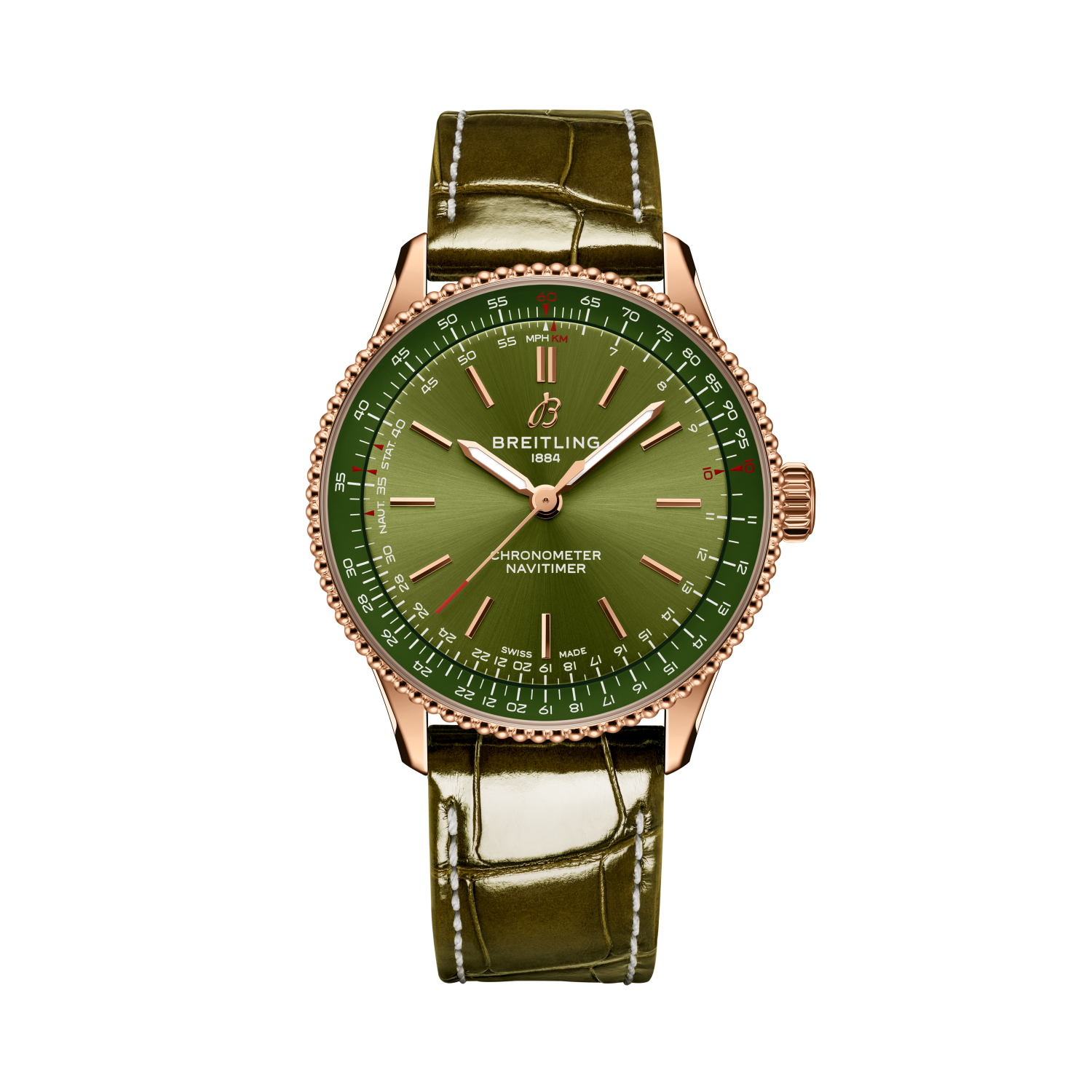 Breitling Navitimer Automatic 36 reference R17327371L1P1 with Green dial, 18k red gold case, alligator strap, front view