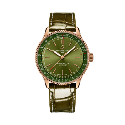 Breitling Navitimer Automatic 36 reference R17327371L1P1 with Green dial, 18k red gold case, alligator strap, front view