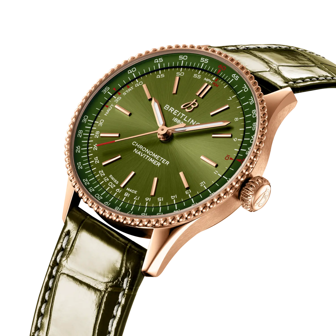 Breitling Navitimer Automatic 36 reference R17327371L1P1 with Green dial, 18k red gold case, alligator strap, three-quarter view