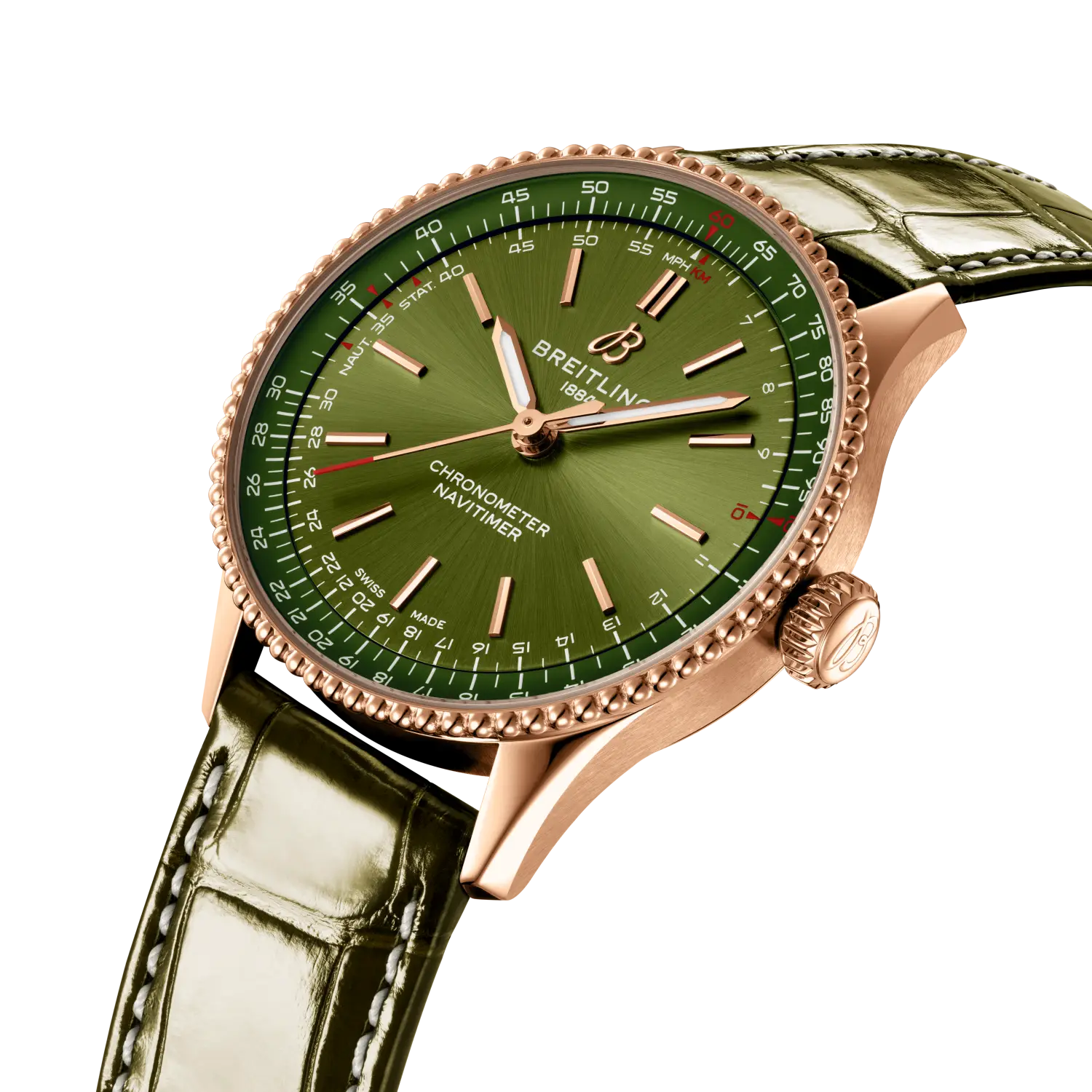 Breitling Navitimer Automatic 36 reference R17327371L1P1 with Green dial, 18k red gold case, alligator strap, three-quarter view