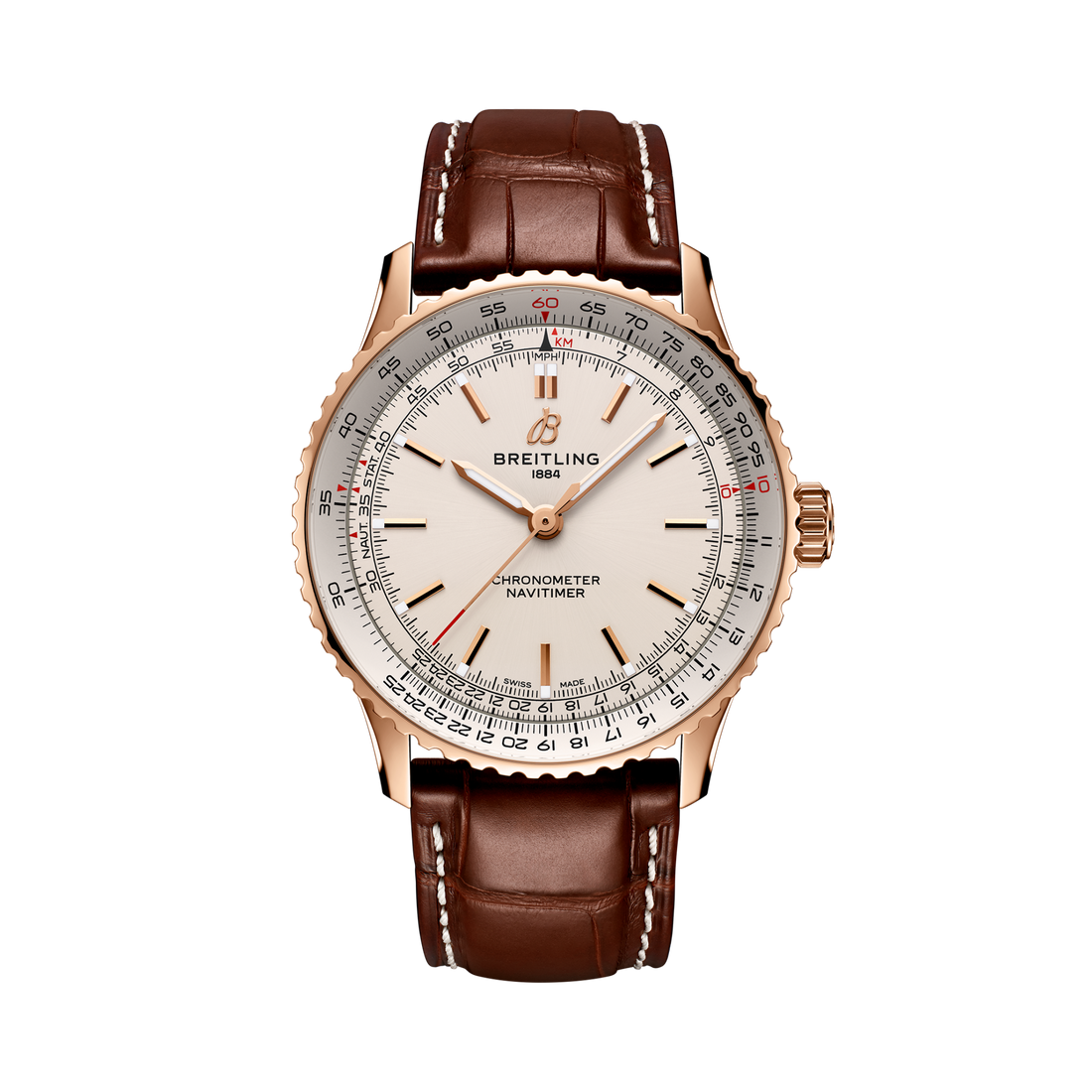 Breitling Navitimer Automatic 41 reference R17329F41G1P1 with Cream dial, Small scale traceable 18K red gold case, alligator strap, front view
