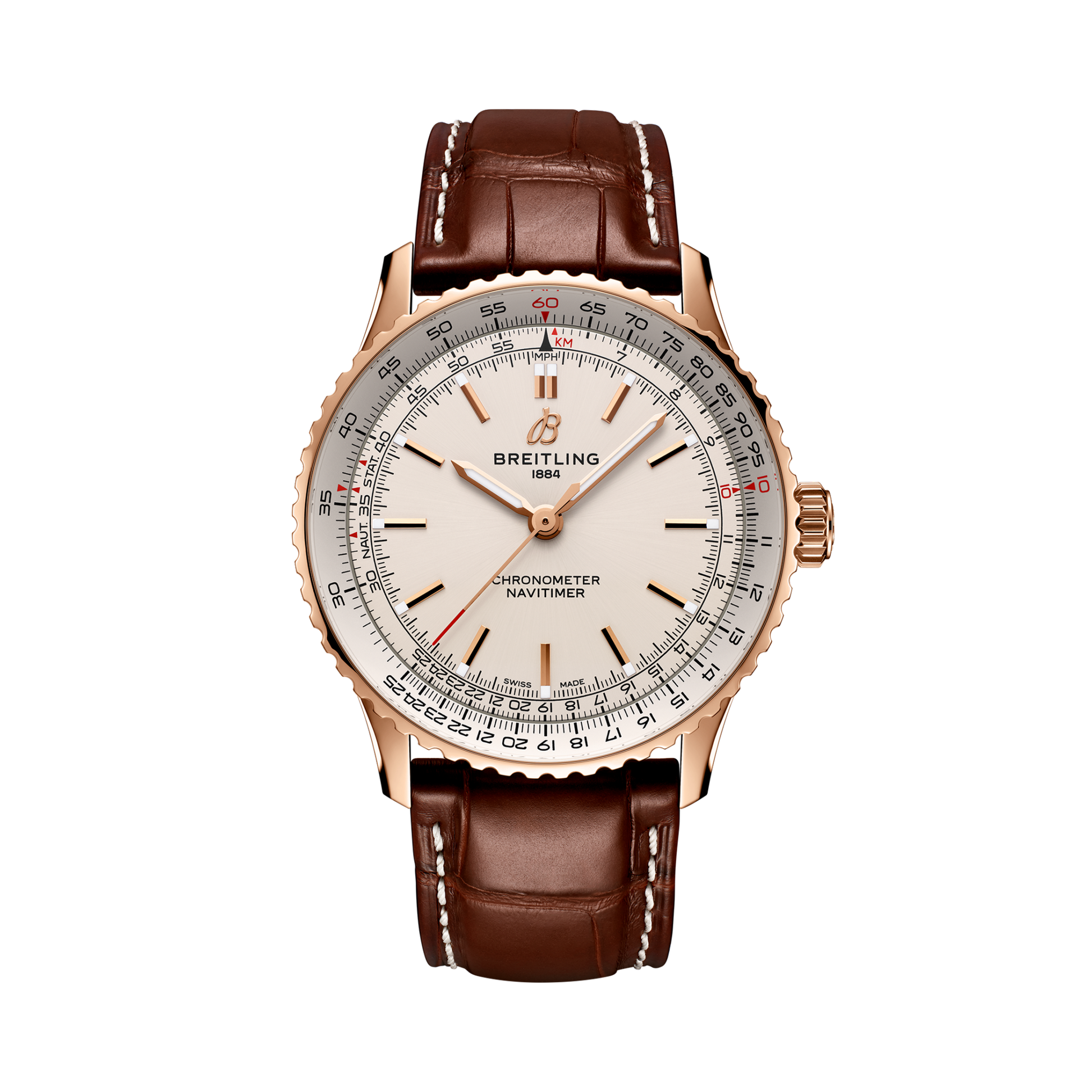 Breitling Navitimer Automatic 41 reference R17329F41G1P1 with Cream dial, Small scale traceable 18K red gold case, alligator strap, front view