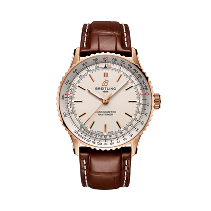 Breitling Navitimer Automatic 41 reference R17329F41G1P1 with Cream dial, Small scale traceable 18K red gold case, alligator strap, front view